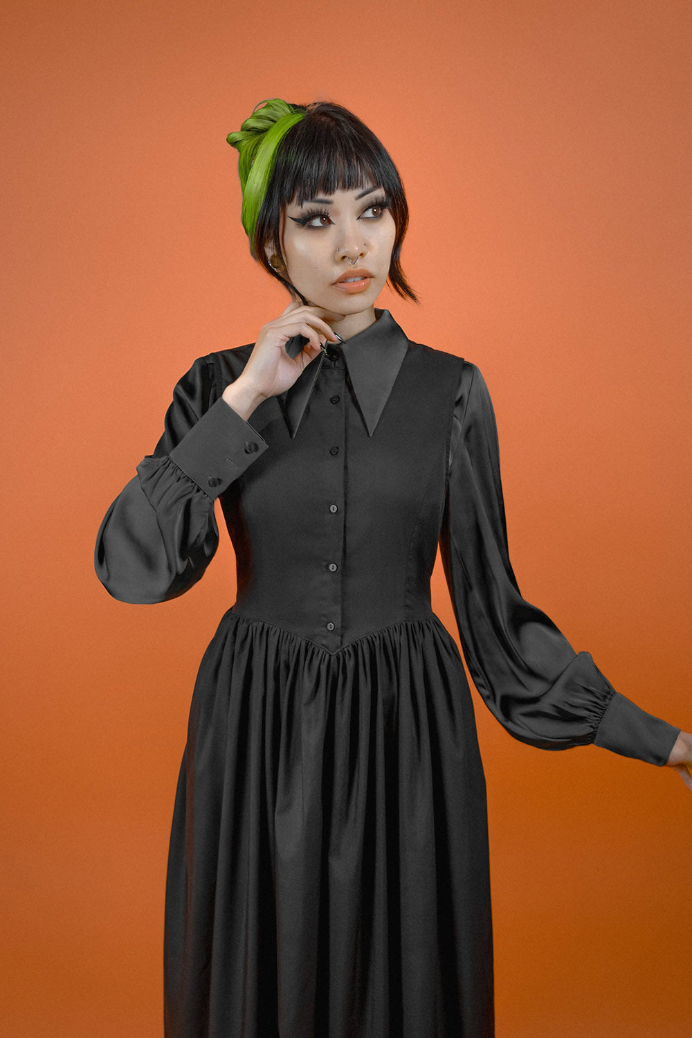 button up pointed collar witchy blouse with dress
