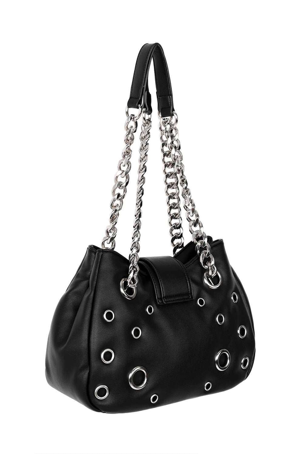 Black gothic shoulder bag with silver grommets and chain straps, edgy alternative fashion accessory by FOXBLOOD