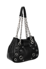 Black gothic shoulder bag with silver grommets and chain straps, edgy alternative fashion accessory by FOXBLOOD