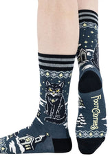 FootClothes holiday socks black cat yule cat with snow and church