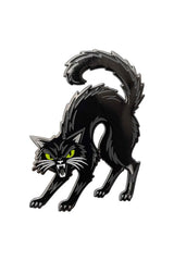 Gothic black cat enamel brooch with arched design for goth punk grunge outfits and dark alternative accessories
