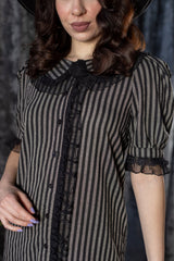 Witchwood Bags Circe striped gothic mini dress with ruffled trim for punk emo and alternative fashion
