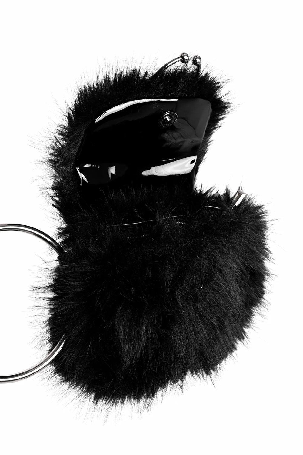 Dark alternative fashion accessory with black faux fur oversized O ring handle and statement horseshoe hardware