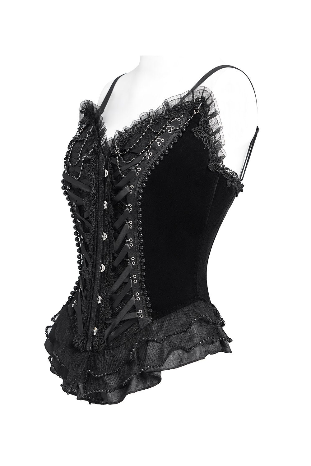 Black corset with intricate detailing on a white background