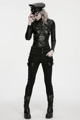 womens black pants with decorative buckle straps arranged at thigh that add classic punk styling details