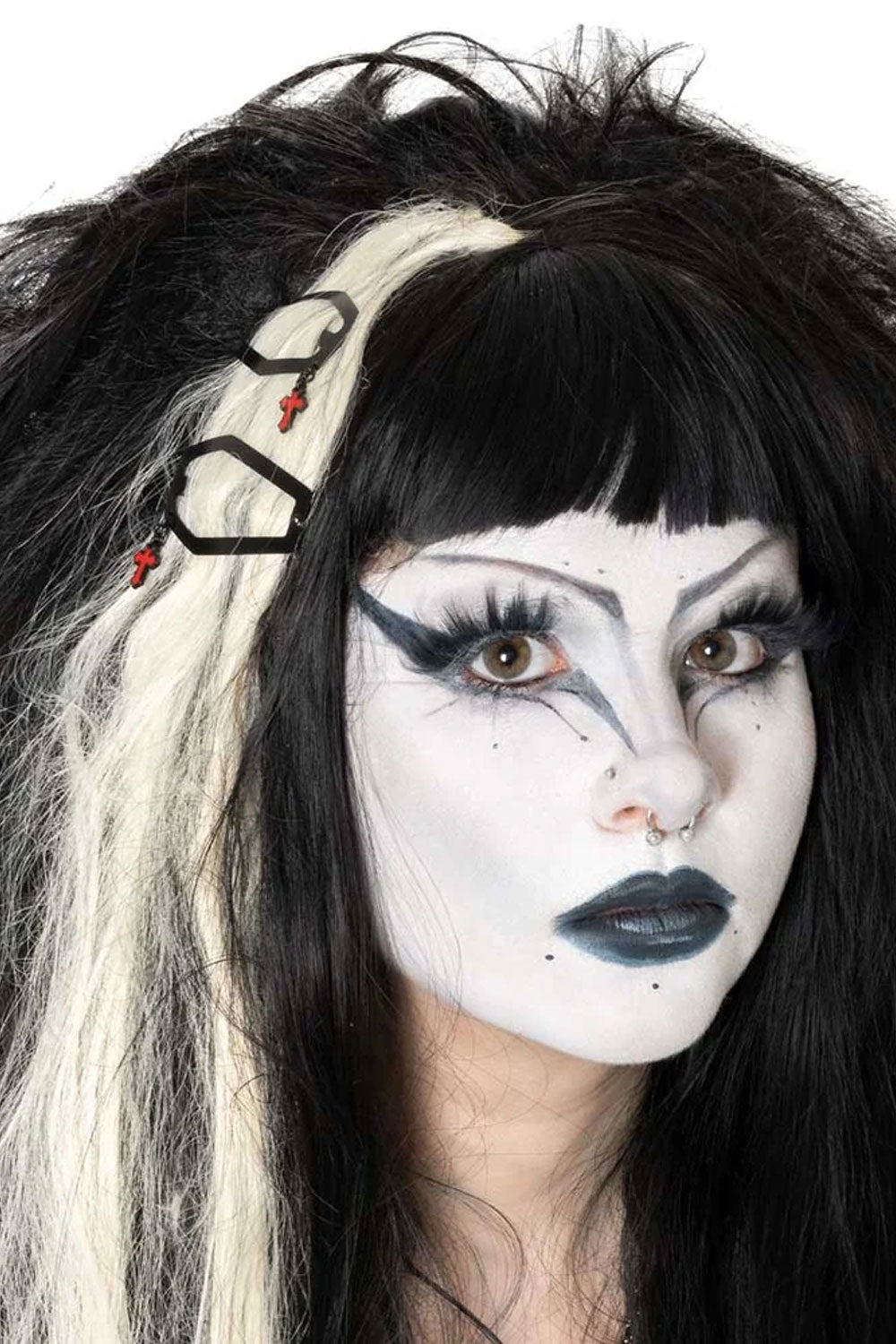 coffin-shaped hair clip features a spooky red cross charm for an extra touch of gothic flair