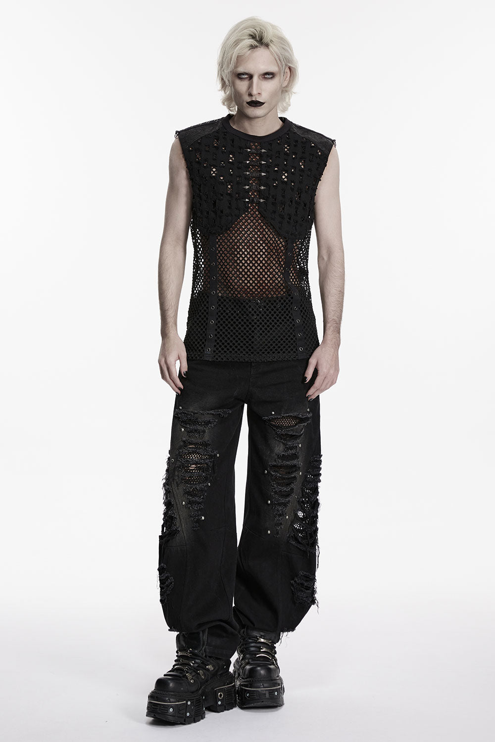 Mesh Cutout Lace Up Punk Vest Sleeveless Gothic Top from Punk Rave