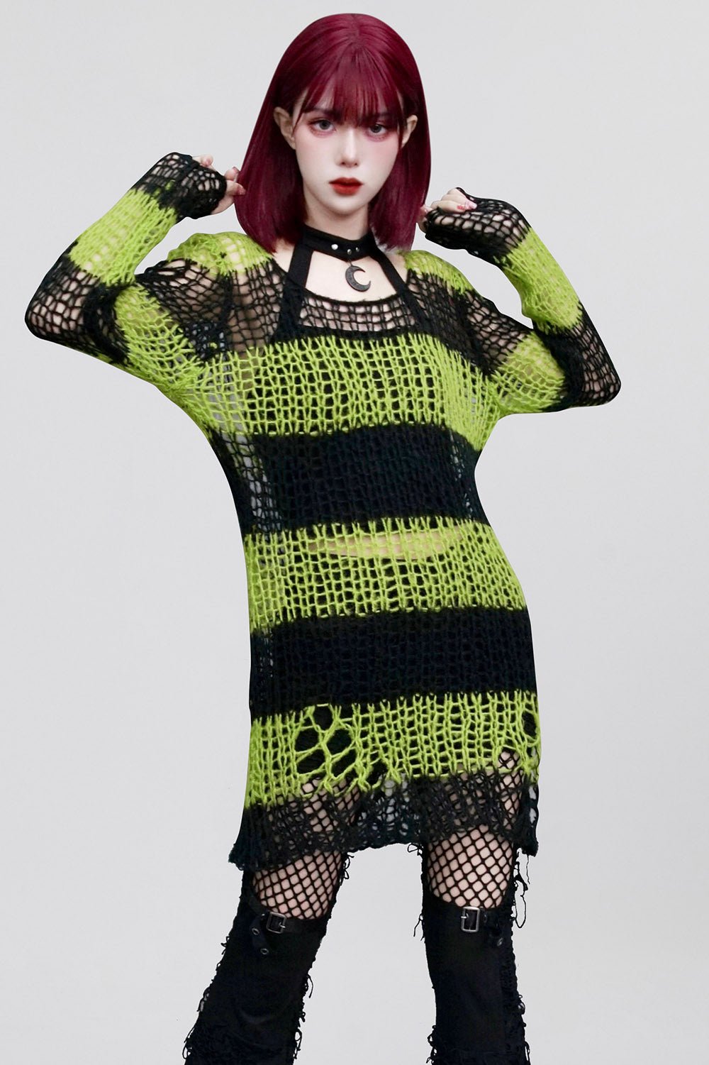 Bleed Green Striped Sweater [BLACK/GREEN] - womens tops - VampireFreaks - Punk Rave