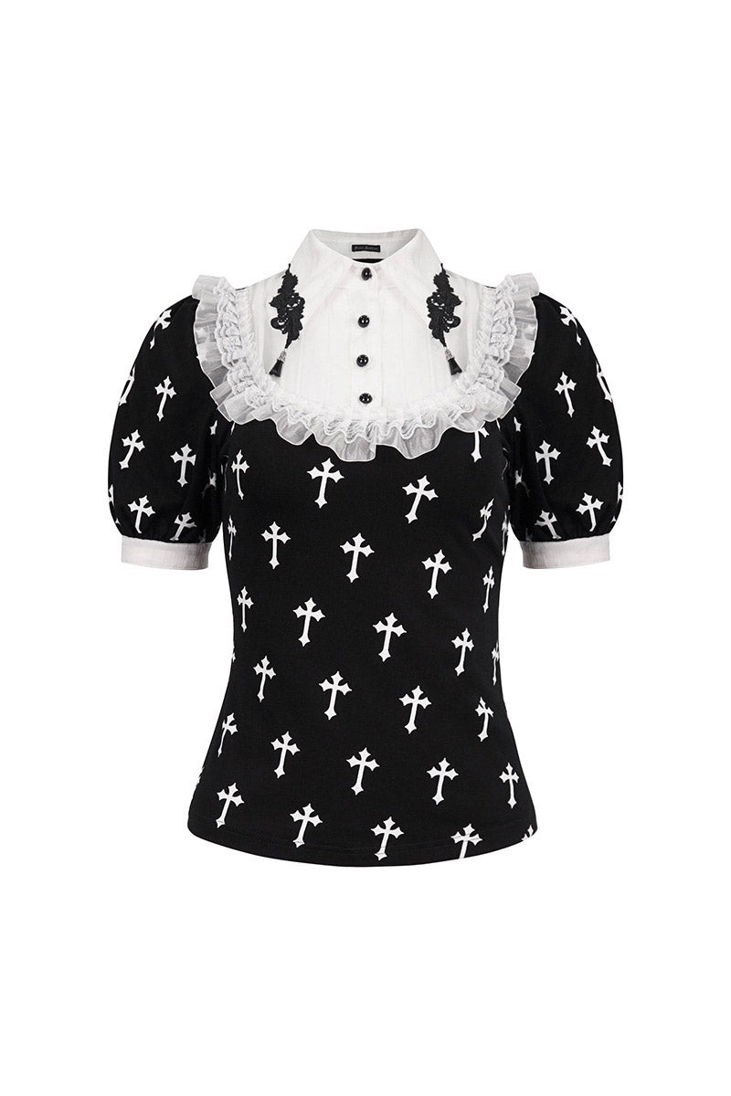 Blessed Be Gothic Cross Collar Blouse - womens tops - VampireFreaks - Devil Fashion