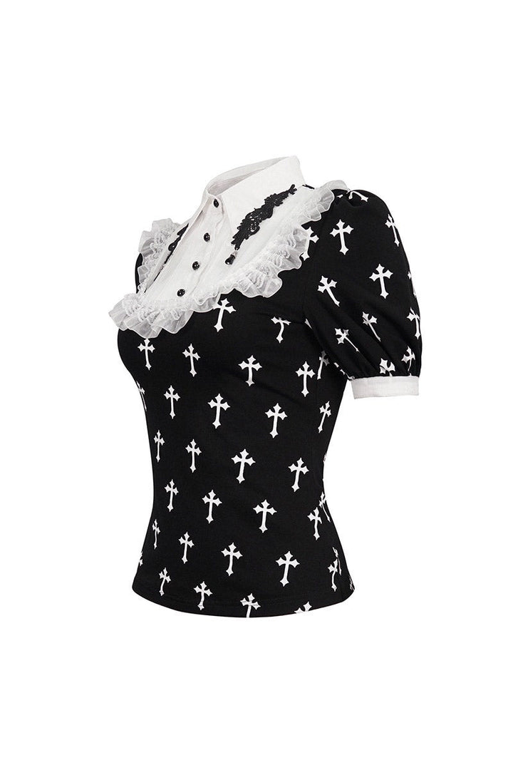 Blessed Be Gothic Cross Collar Blouse - womens tops - VampireFreaks - Devil Fashion