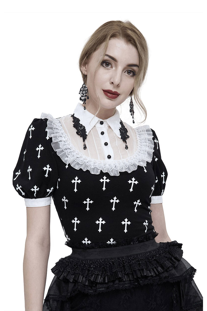 Blessed Be Gothic Cross Collar Blouse - womens tops - VampireFreaks - Devil Fashion