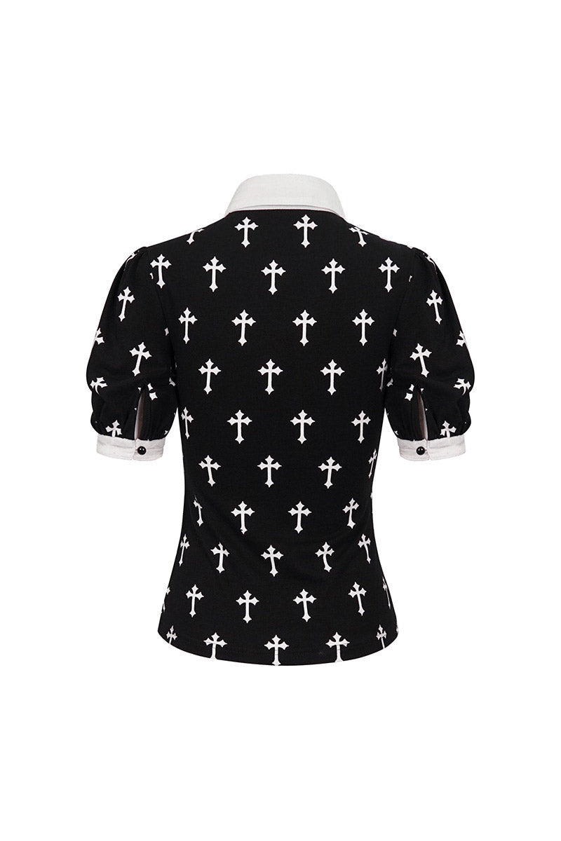 Blessed Be Gothic Cross Collar Blouse - womens tops - VampireFreaks - Devil Fashion