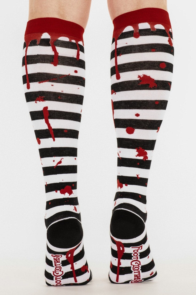 gothic black and white striped blood drip socks