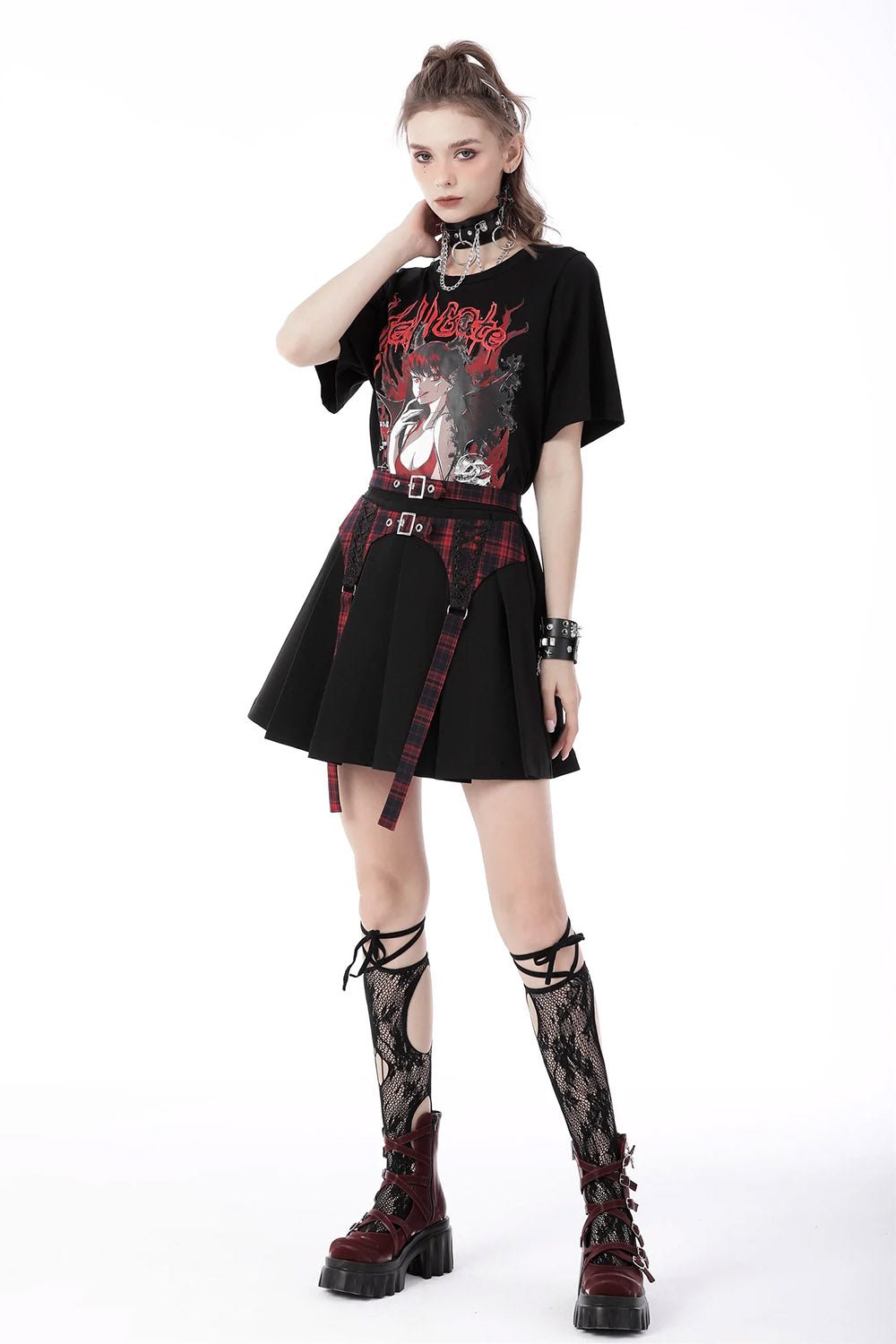 Blood Hugs Pleated Mini Skirt [RED PLAID] - skirts - VampireFreaks - Dark In Love