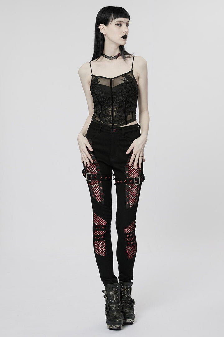 Bloodline Fishnet Skinny Jeans [BLACK/RED] - womens bottoms - VampireFreaks - Punk Rave