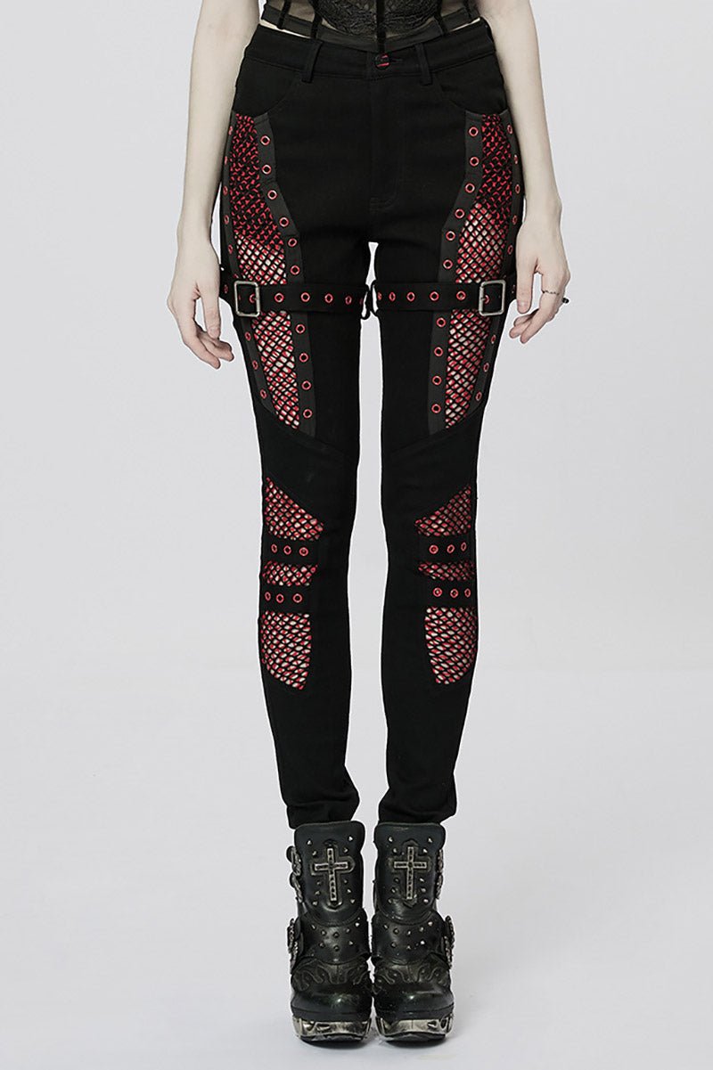 Bloodline Fishnet Skinny Jeans [BLACK/RED] - womens bottoms - VampireFreaks - Punk Rave