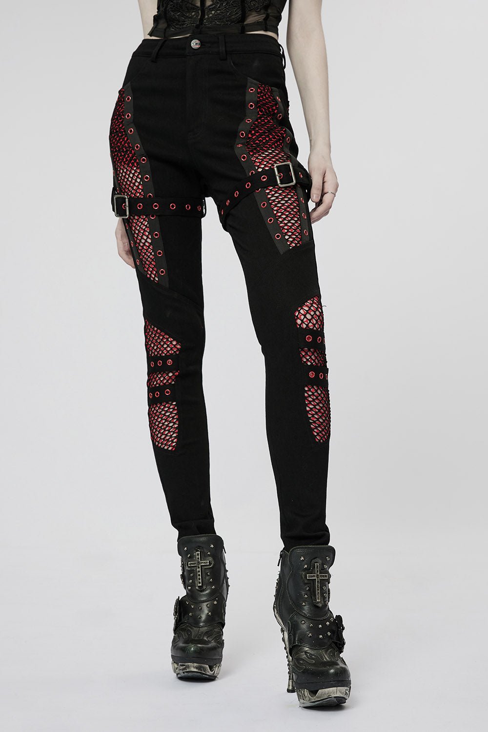 Bloodline Fishnet Skinny Jeans [BLACK/RED] - womens bottoms - VampireFreaks - Punk Rave