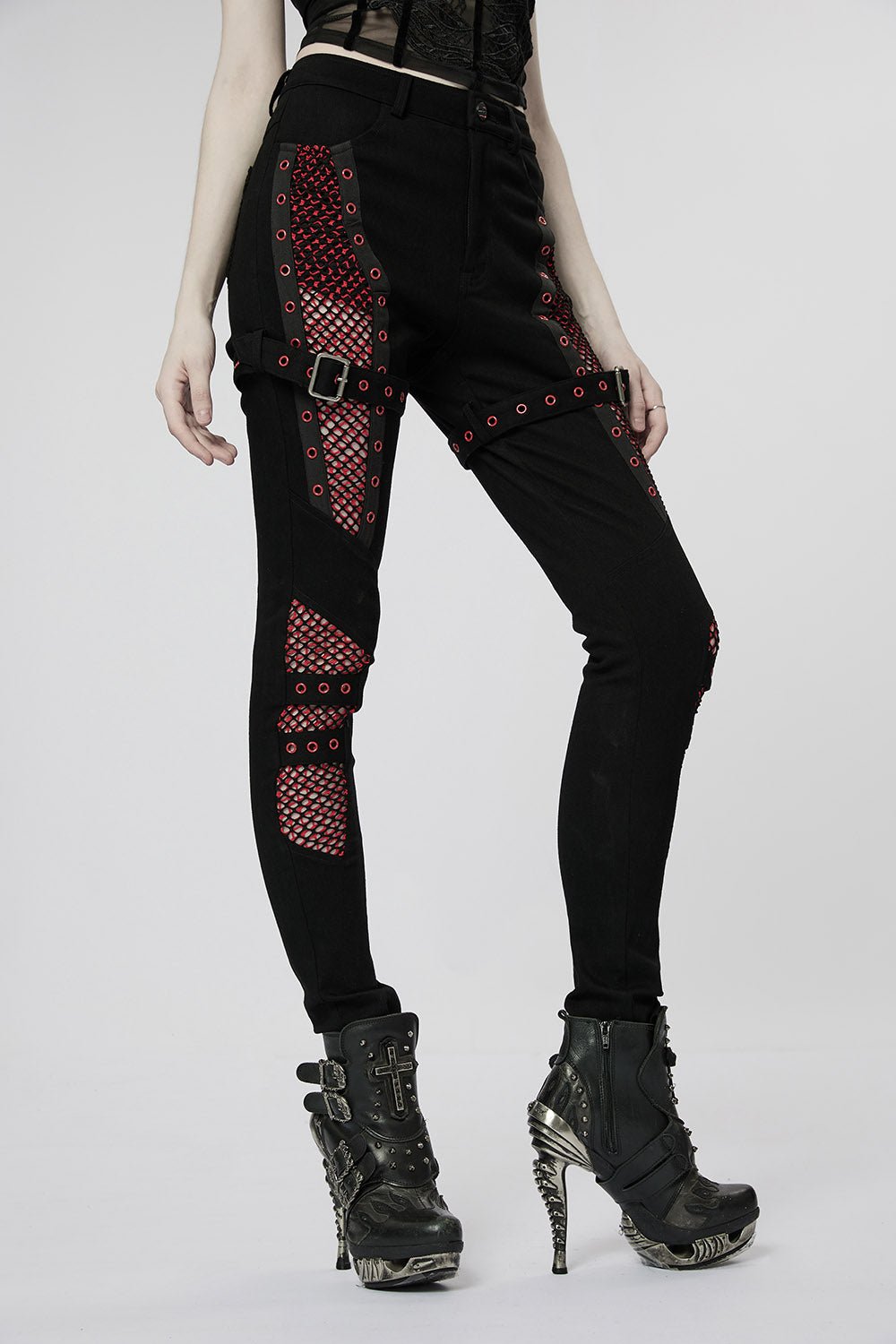 Bloodline Fishnet Skinny Jeans [BLACK/RED] - womens bottoms - VampireFreaks - Punk Rave