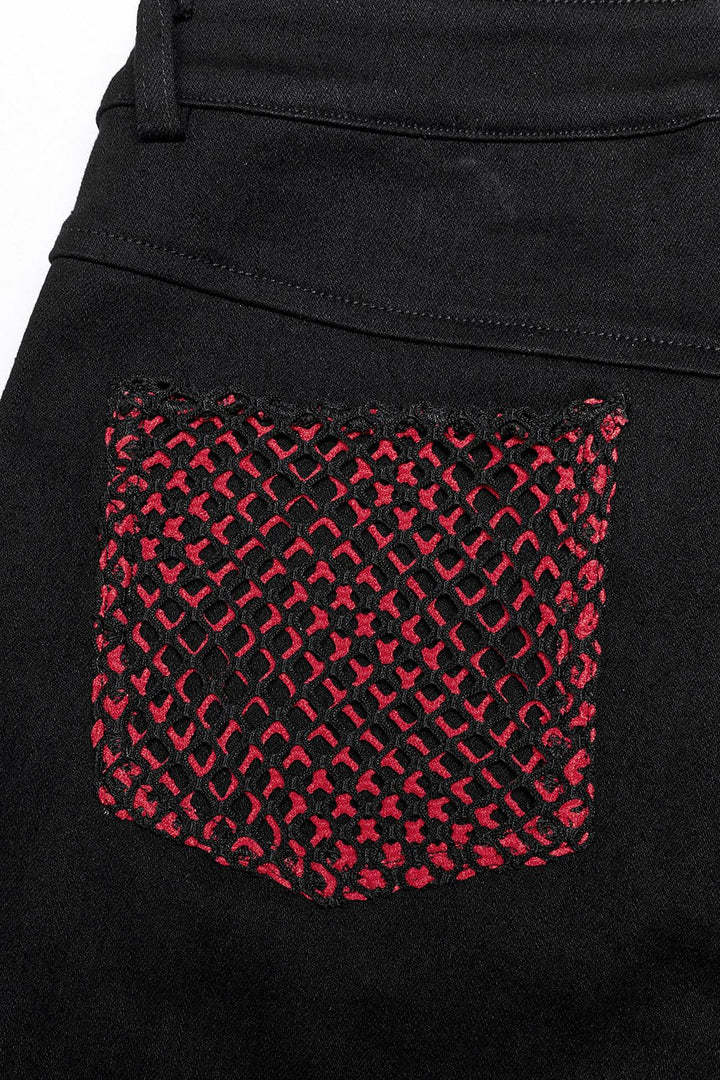 Bloodline Fishnet Skinny Jeans [BLACK/RED] - womens bottoms - VampireFreaks - Punk Rave