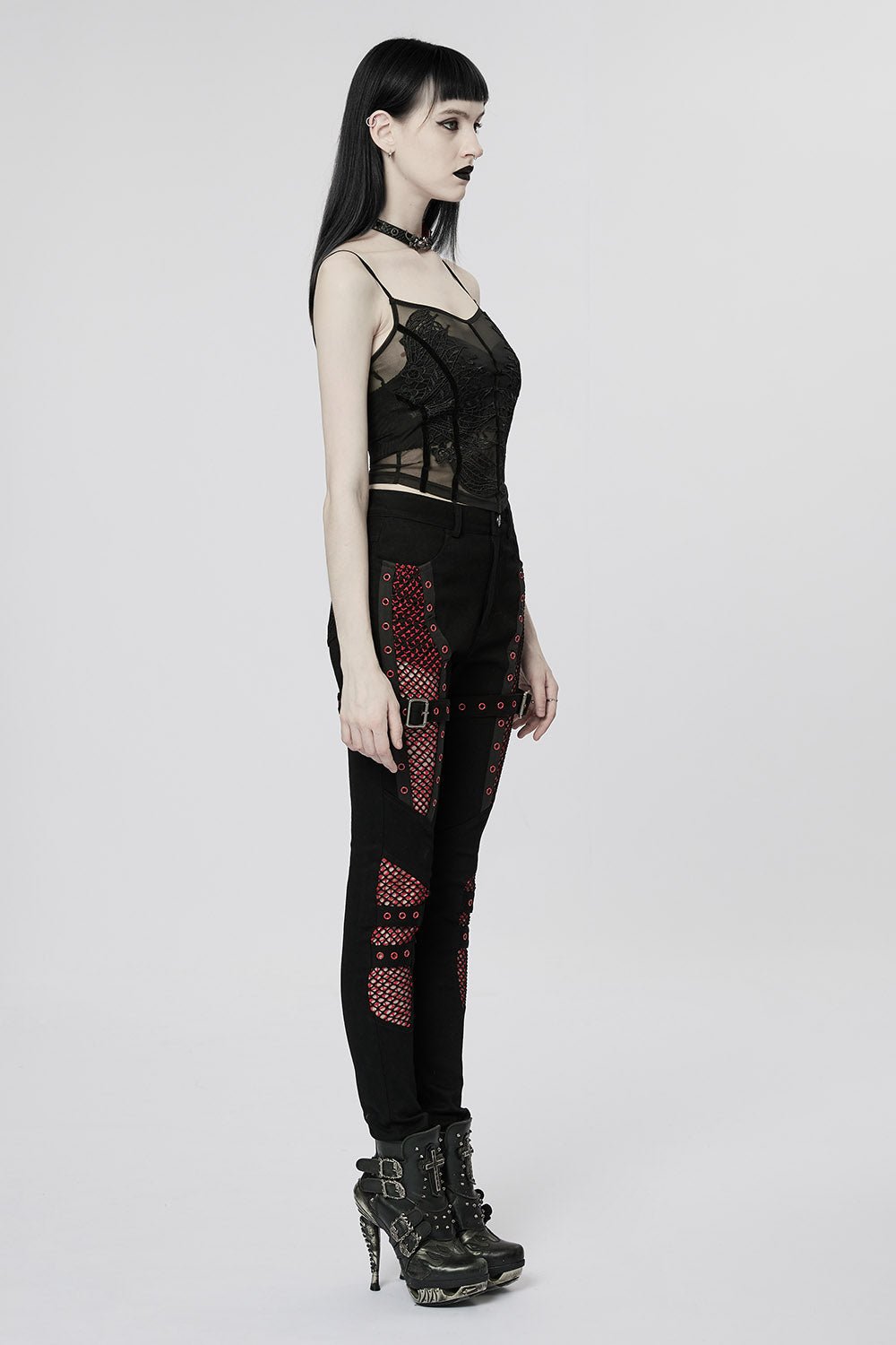 Bloodline Fishnet Skinny Jeans [BLACK/RED] - womens bottoms - VampireFreaks - Punk Rave