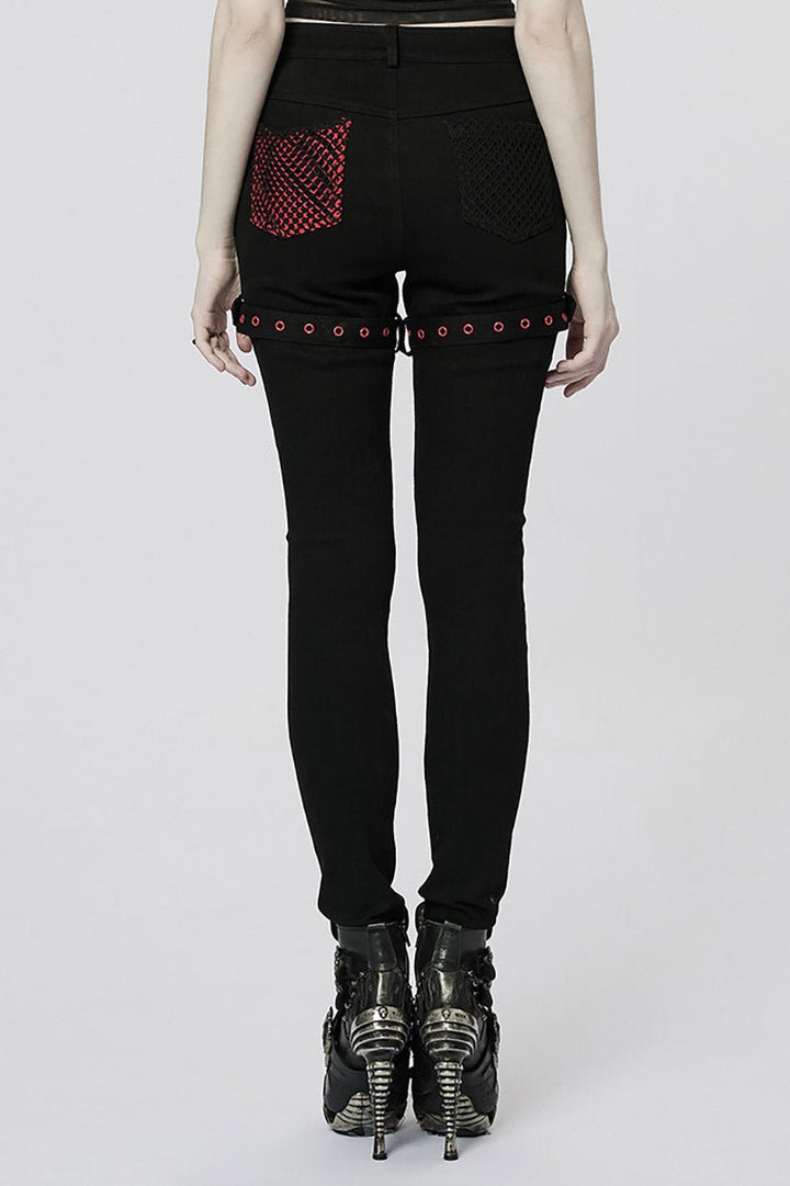 Bloodline Fishnet Skinny Jeans [BLACK/RED] - womens bottoms - VampireFreaks - Punk Rave