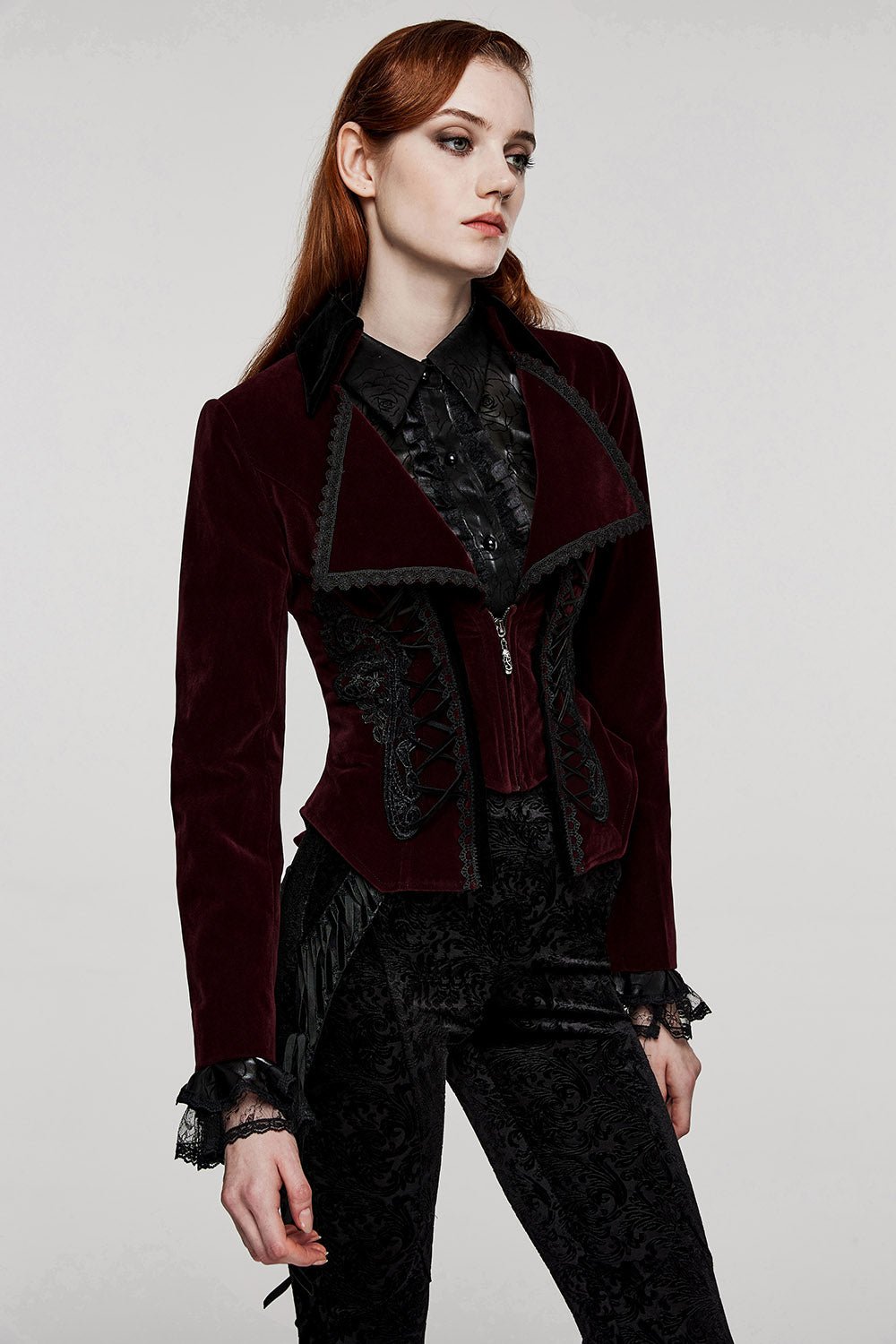 Bloodline Velvet Coat [BLACK/RED] - womens outerwear - VampireFreaks - Punk Rave