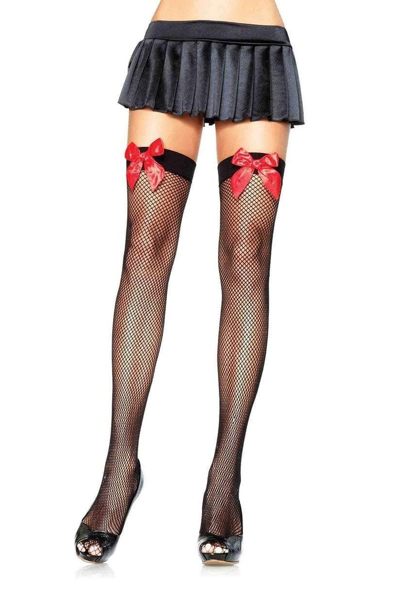 Bloody Bows Fishnet Thigh Highs [RED] - socks & stockings - VampireFreaks - Leg Avenue