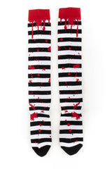 blood splattered black and white striped blood drip socks