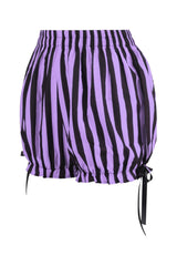womens kawaii Purple and black striped bloomers shorts with tie sides on a white background