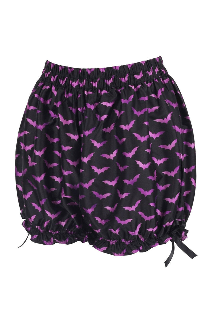 womens ruffled purple and black bat pattern bloomer shorts