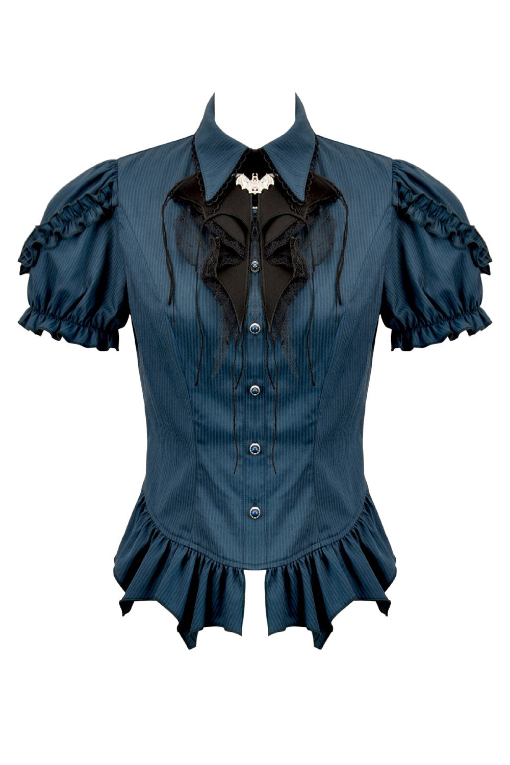 button up puffed sleeve dark blue blouse