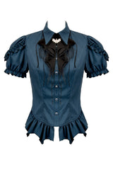 button up puffed sleeve dark blue blouse