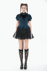 womens kawaii puffed sleeve dark blue blouse