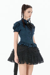 puffed sleeve dark blue blouse