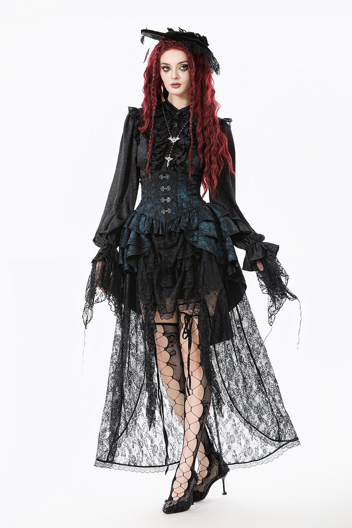 blue and black womens long ruffled corset skirt