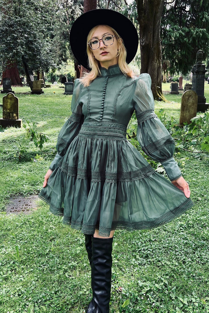 high collar short vintage inspired sage green dress