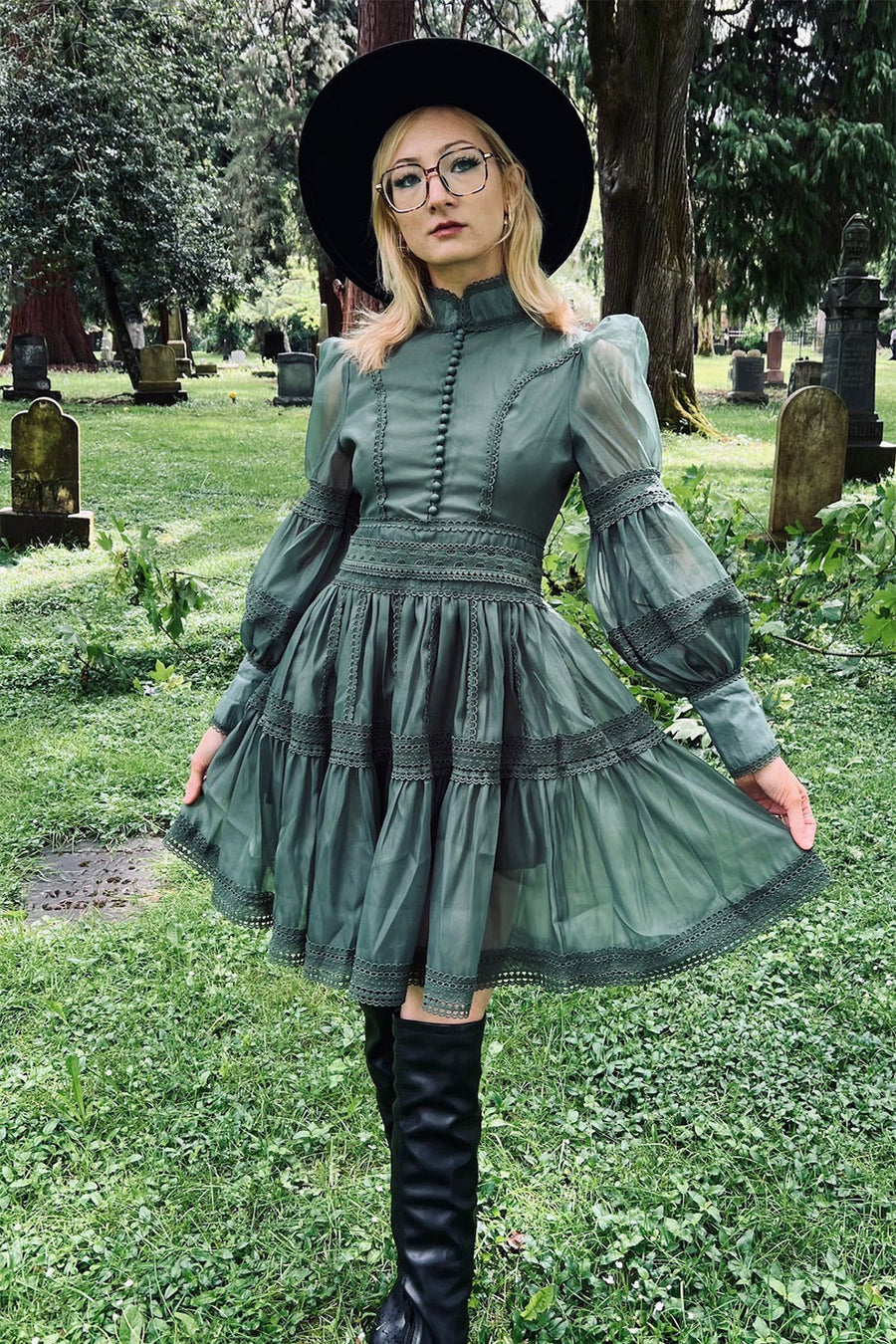 high collar short vintage inspired sage green dress