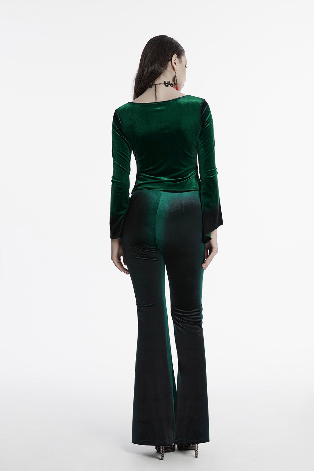 Emerald Throne Velvet Flared Sleeve Top [Green]
