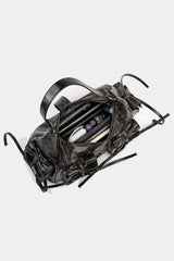 distressed shoulder bag with pockets and bows