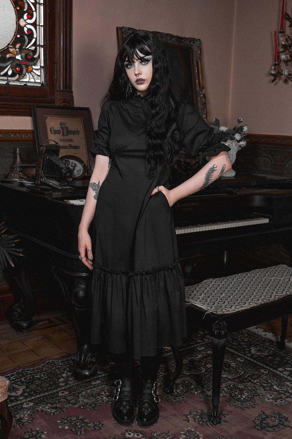 Edwardian vintage goth high collared ruffle midi dress by lively ghosts 