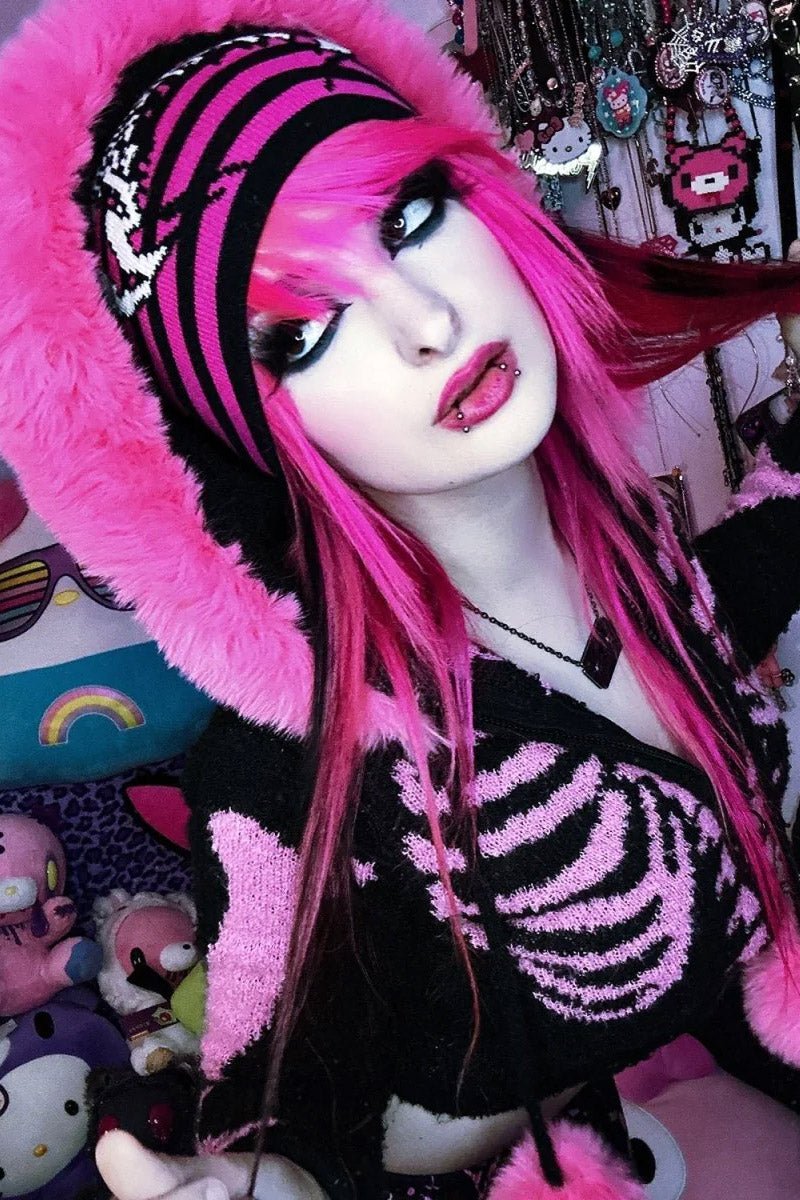 Bony Rib Cage Skeleton Fur Sweater [BLACK/PINK] - womens outerwear - VampireFreaks - Too Fast