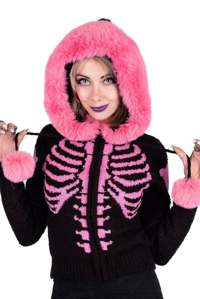 Bony Rib Cage Skeleton Fur Sweater [BLACK/PINK] - womens outerwear - VampireFreaks - Too Fast