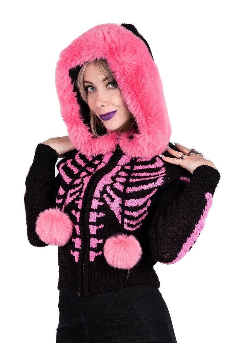 Bony Rib Cage Skeleton Fur Sweater [BLACK/PINK] - womens outerwear - VampireFreaks - Too Fast