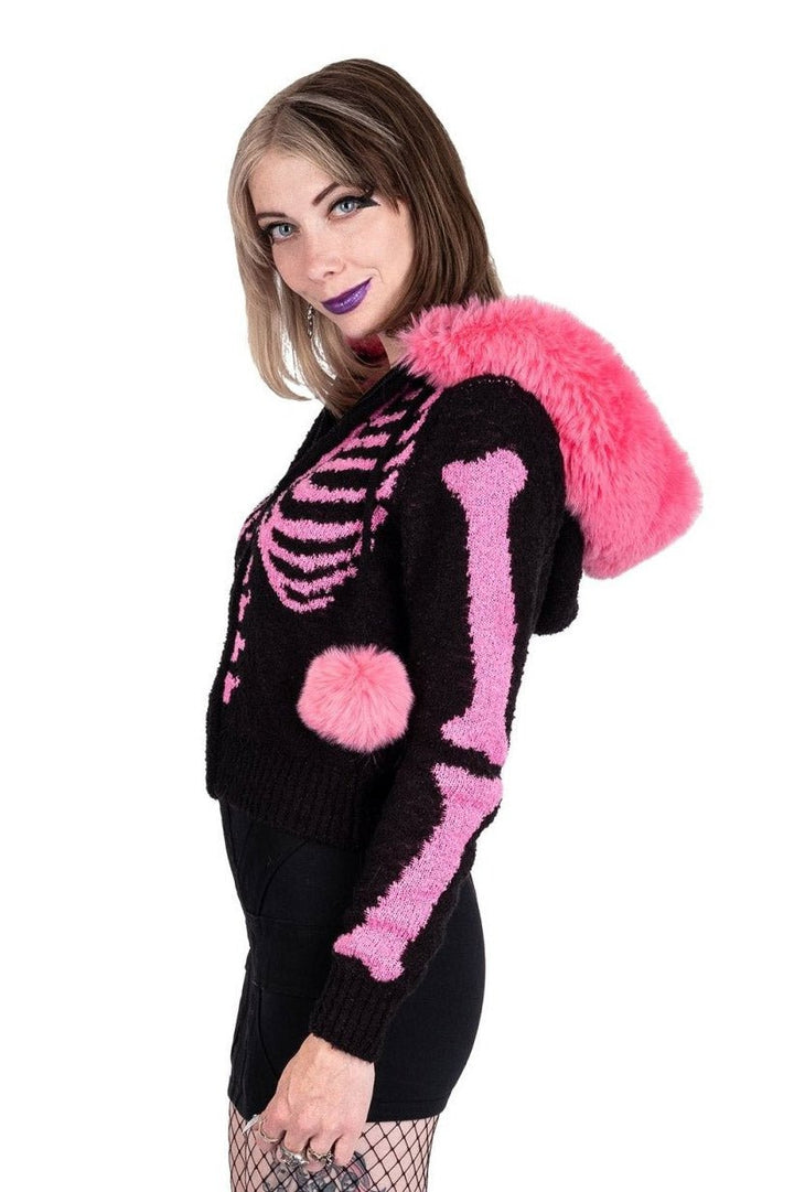 Bony Rib Cage Skeleton Fur Sweater [BLACK/PINK] - womens outerwear - VampireFreaks - Too Fast