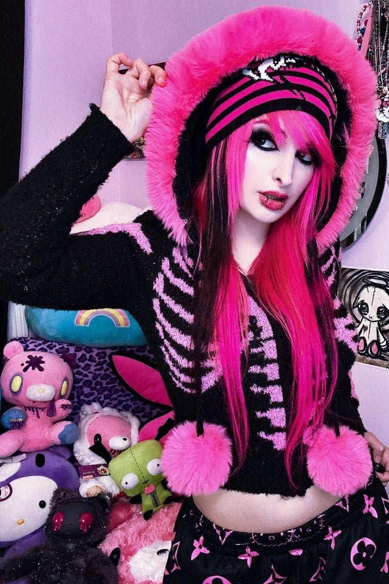Bony Rib Cage Skeleton Fur Sweater [BLACK/PINK] - S