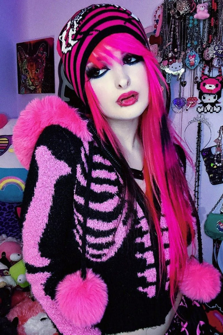 Bony Rib Cage Skeleton Fur Sweater [BLACK/PINK] - womens outerwear - VampireFreaks - Too Fast