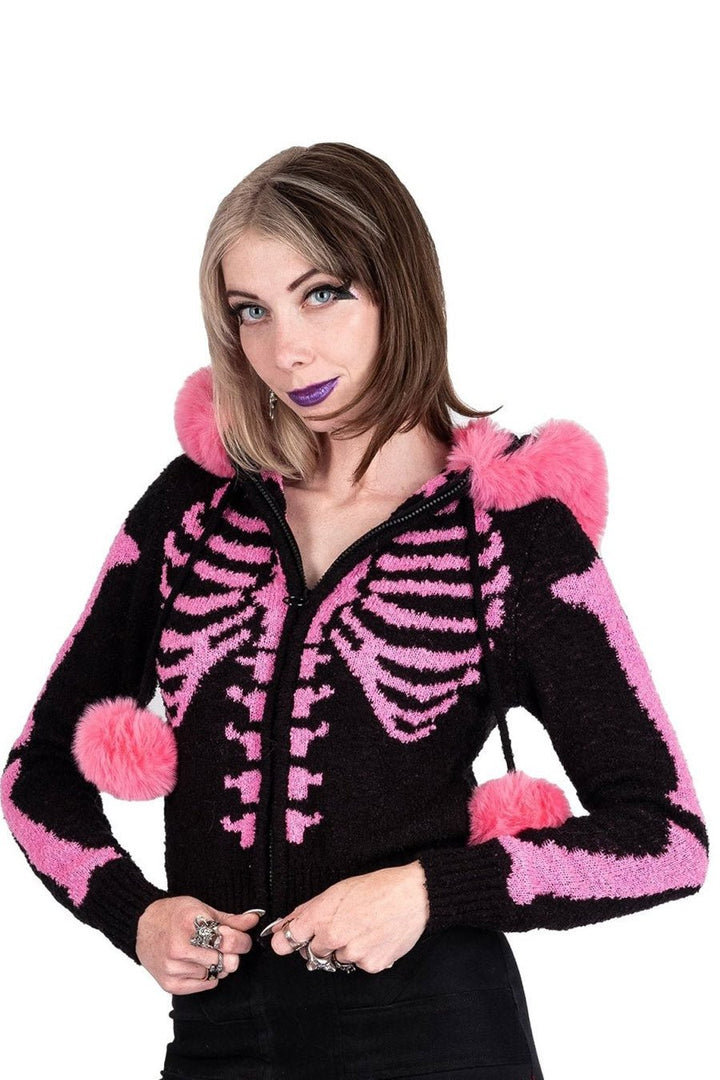 Bony Rib Cage Skeleton Fur Sweater [BLACK/PINK] - womens outerwear - VampireFreaks - Too Fast