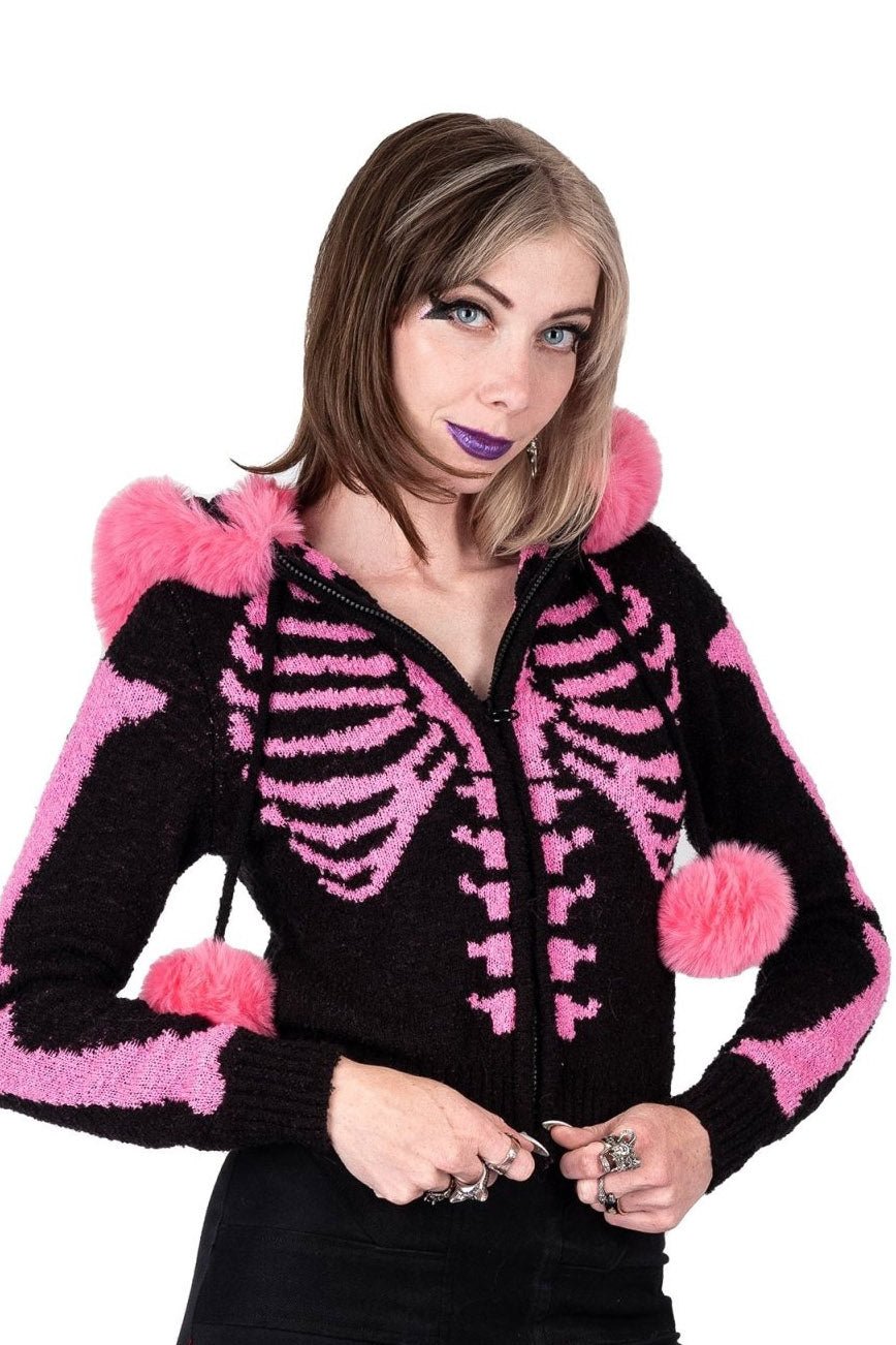 Bony Rib Cage Skeleton Fur Sweater [BLACK/PINK] - womens outerwear - VampireFreaks - Too Fast