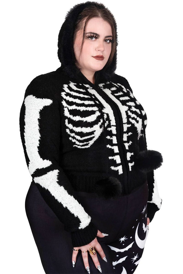 Bony Rib Cage Skeleton Fur Zip Sweater [BLACK/WHITE] - womens outerwear - VampireFreaks - Too Fast