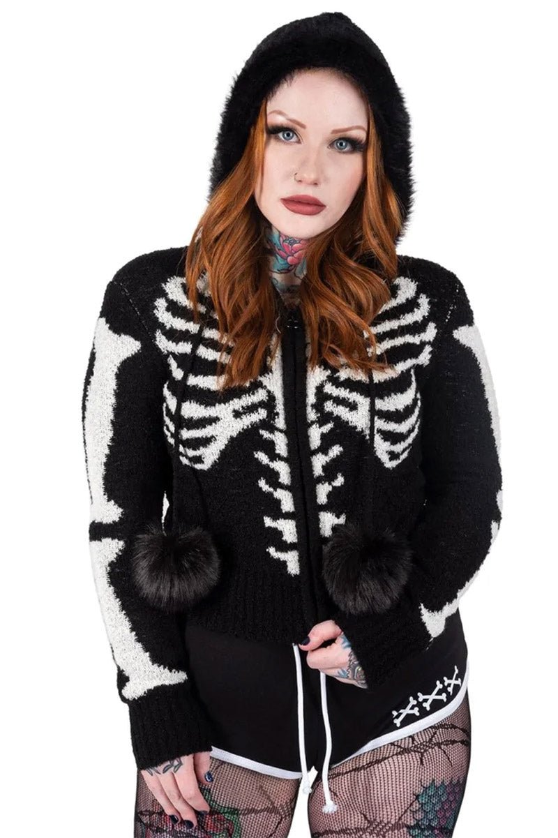 Bony Rib Cage Skeleton Fur Zip Sweater [BLACK/WHITE] - womens outerwear - VampireFreaks - Too Fast